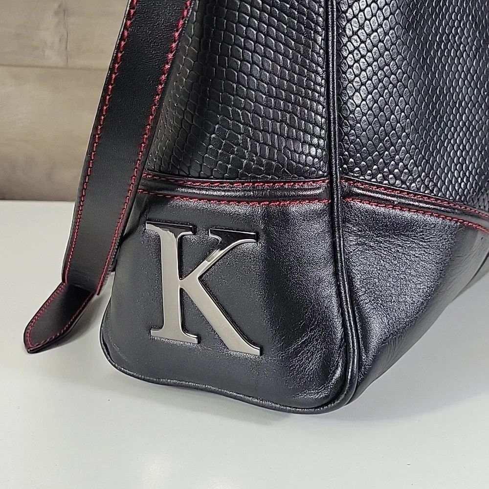 Karpassi Black Leather Briefcase Laptop Bag with Red Stitching